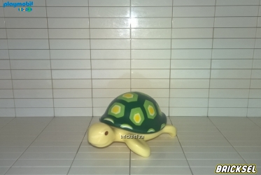 Черепаха с темно-зеленым панцирем с салатово-желто-белыми пятнами бежевая